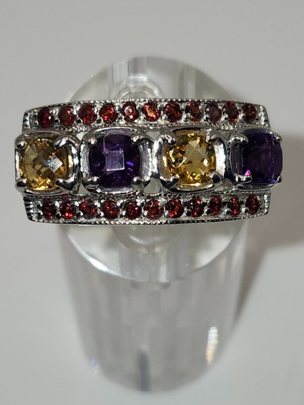 .925 Sterling Silver Natural Amethyst/Garnet/Yellow Citrine Ring Sz 7 Value $670